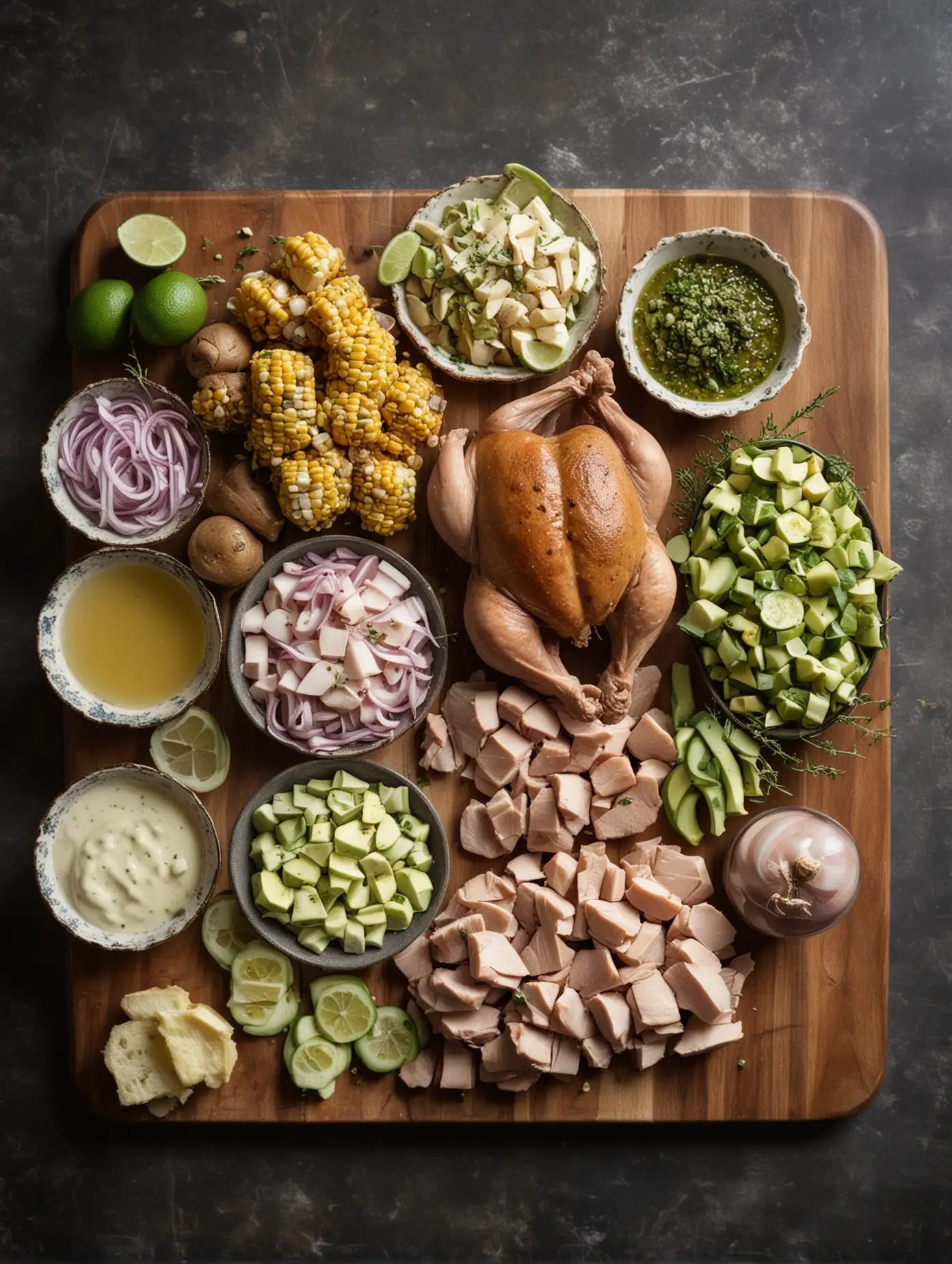 A beautifully arranged table featuring raw chicken thighs in a bowl, a pitcher of water, a dish of chopped onions, a plate of chopped celery, a container of granulated chicken bouillon, a small bowl of dried herbs, a platter of mixed potatoes cut into pieces, a wooden board with sliced corn, a small bowl of lime juice, a dish of creamy sauce, and a plate of accompaniments including diced avocado and capers. Each ingredient should appear once and be clearly visible.