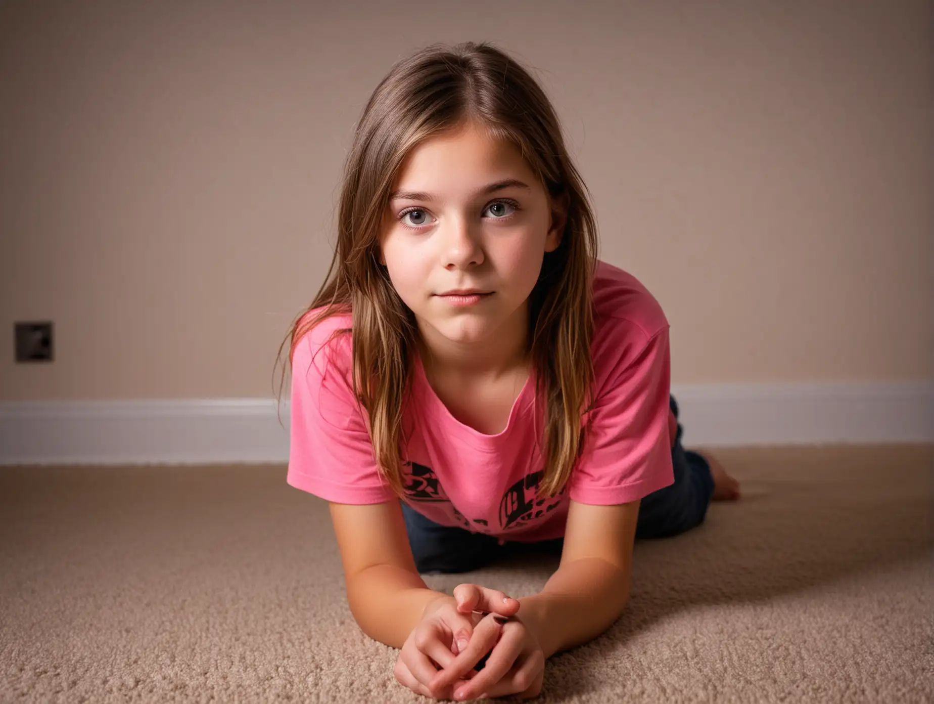 Portrait-of-13YearOld-Girl-in-Pink-Sleeved-Shirt-Dark-Room-Setting