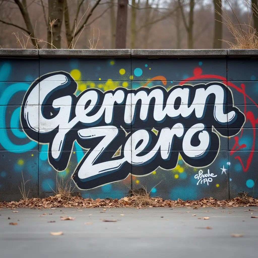 A skateboard park wall with graffiti and the word 'GermanZero' in white font color, frontal view of the wall, focus on the wall, 8K, high color range, 12 bit color depth, realistic 8K, high color range, 12 bit color depth, realistic