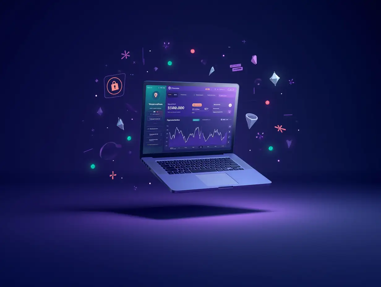 A mockup scene featuring a modern laptop floating in mid-air, displaying a cryptocurrency dashboard interface on its screen. Subtle elements symbolizing blockchain and cryptocurrency appear in the background, such as a digital network of nodes, blockchain symbols, and blurred graphs or currency icons. The scene has a professional, high-tech atmosphere with a color palette that includes deep purple tones, dark blues, silvers, whites, and greens, evoking a sense of digital security and futurism