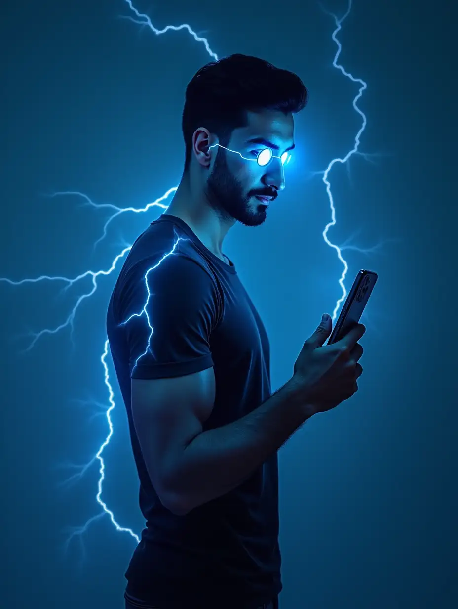 an Iranian figure standing with a mobile in his hand, showing a handsome and strong face to the user, athletic body, bright neon-like blue eyes that are like lightning