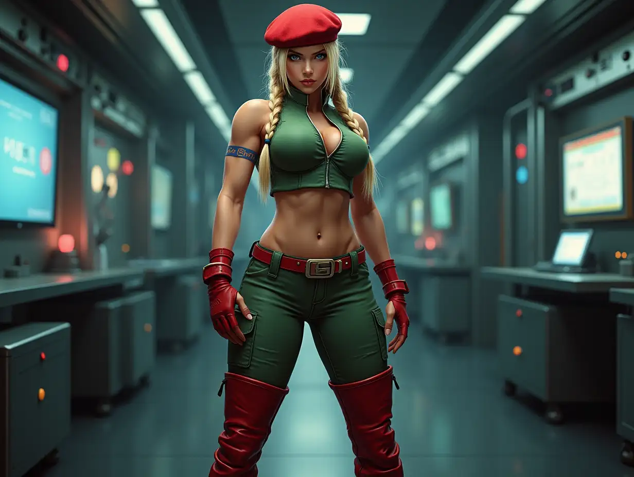 A photorealistic full-body image of a woman resembling Cammy White from Street Fighter 5. She has a muscular, athletic physique with toned legs, arms, and a strong core, showcasing the strength of a trained fighter. Her blonde hair is styled into twin braids with lifelike detail, and her piercing blue eyes reflect confidence and focus. She is dressed in a green military-style outfit inspired by Cammy's signature look, featuring a modern touch with realistic fabric texture and fit, complemented by a red beret and fingerless gloves. Her tall red boots and outfit design highlight her fit, dynamic stature. The background is a sleek, high-tech secret laboratory filled with glowing monitors, advanced machinery, and metallic surfaces. Cinematic lighting enhances the scene, drawing attention to her powerful presence while adding depth and shadow to the environment.