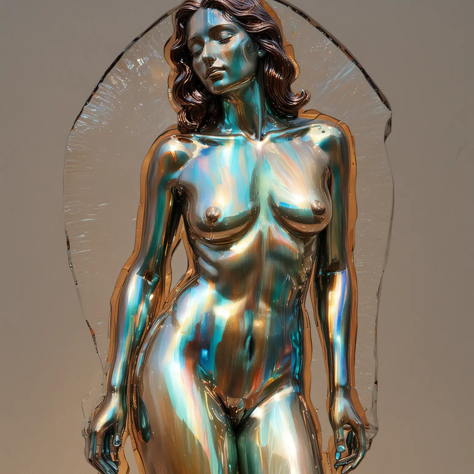 Stained bright iridescent glass art of naked italian woman, italy.