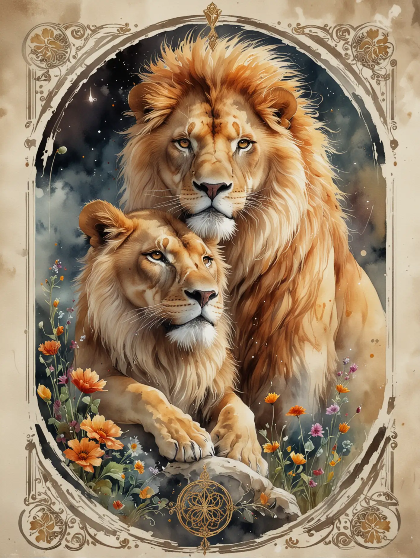 Russian-Woman-Taming-Lion-with-Willpower-and-Magic-in-Tarot-Card-Style