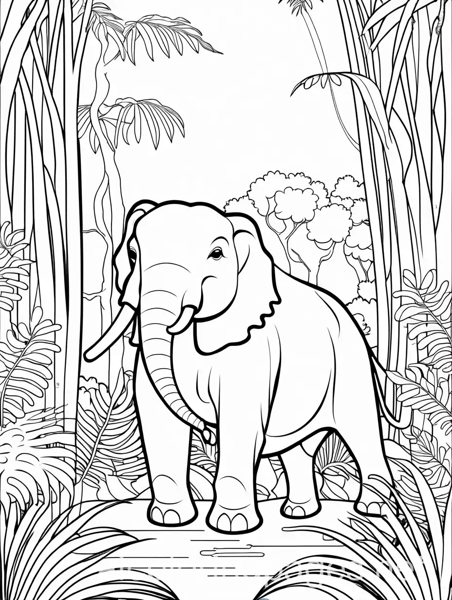 image of animal in jungle suitable for coloring pages for pre-schooler kids, Coloring Page, black and white, line art, white background, Simplicity, Ample White Space. The background of the coloring page is plain white to make it easy for young children to color within the lines. The outlines of all the subjects are easy to distinguish, making it simple for kids to color without too much difficulty