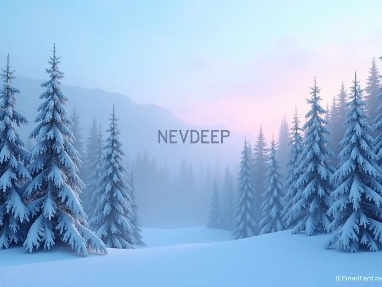 Create a highly realistic image of a snowy mountain landscape with dense pine trees partially covered in fog. The sky should have a gradient of blue and pink hues, indicating either dawn or dusk. In the center of the image, include a small, 3D text 'NEVDEEP' that fits the overall style and mood of the scene. Ensure the fog gently rolls over the trees, creating a mystical atmosphere. Use maximum realism filters and settings to achieve the highest level of detail and immersion.