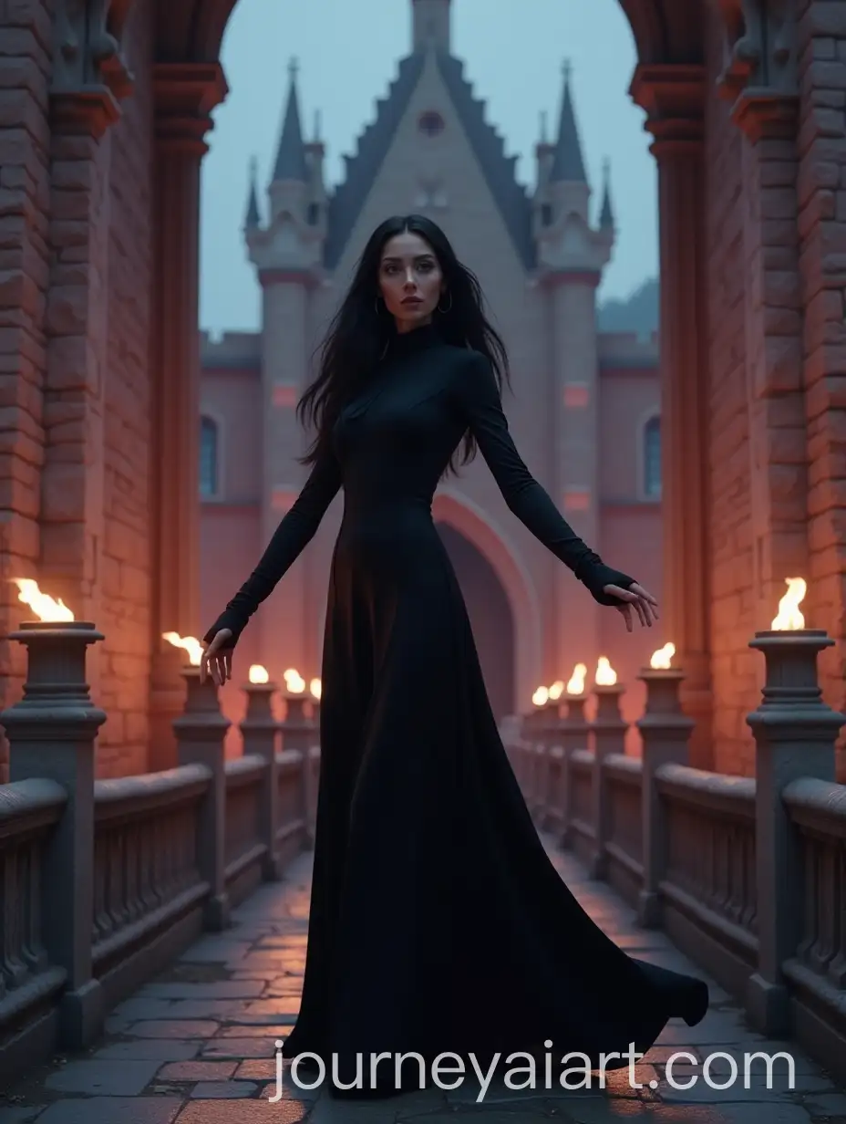 Medieval-Fantasy-Woman-Dancing-Alone-on-Gothic-Bridge-at-Dusk