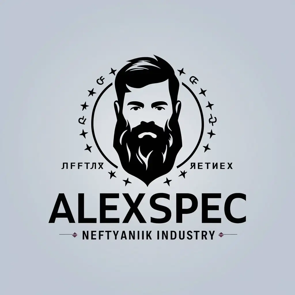 a vector logo design,with the text "AlexSpec", main symbol:bearded man,complex,be used in Neftyanik industry,clear background