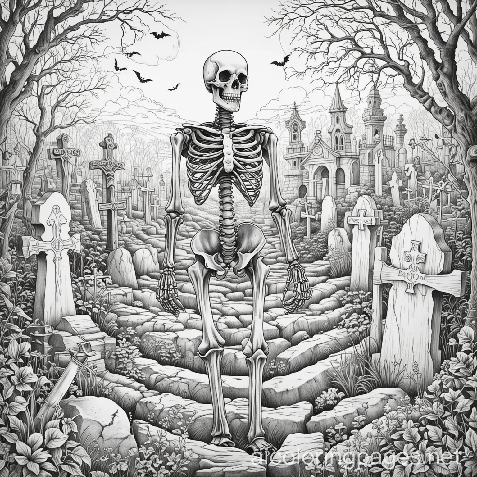 Spooky-Skeleton-in-a-Haunted-Graveyard-Coloring-Page