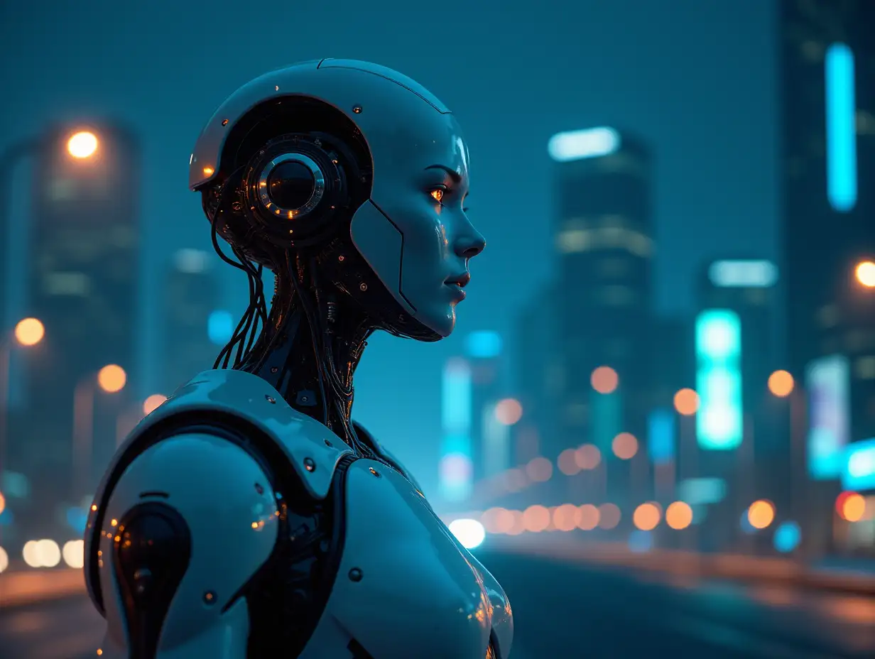 AI Humanoid Robot in Futuristic Cityscape at Night