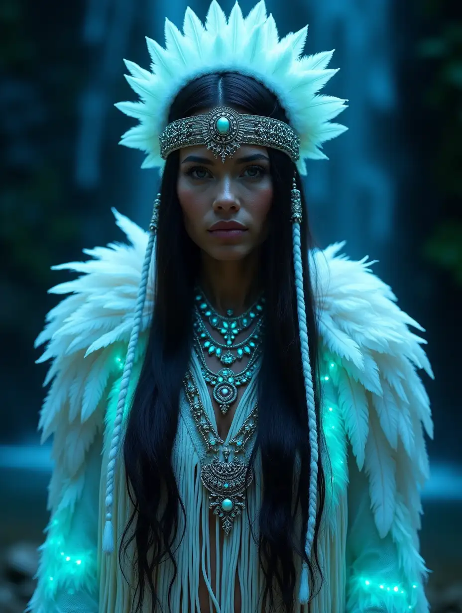 A beautiful Native American woman, adorned in white feathers, glowing with bioluminescent light effects. Intricate details of the face and hair are accentuated by ornate jewelry, as the figure stands beneath a waterfall.