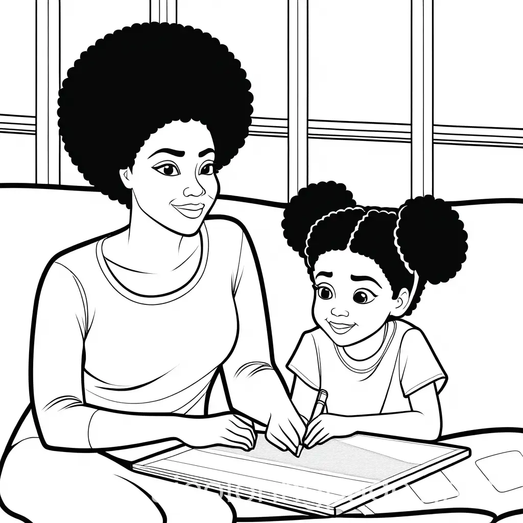 Black-Mother-and-Daughter-Coloring-Page-Simple-Line-Art-on-White-Background