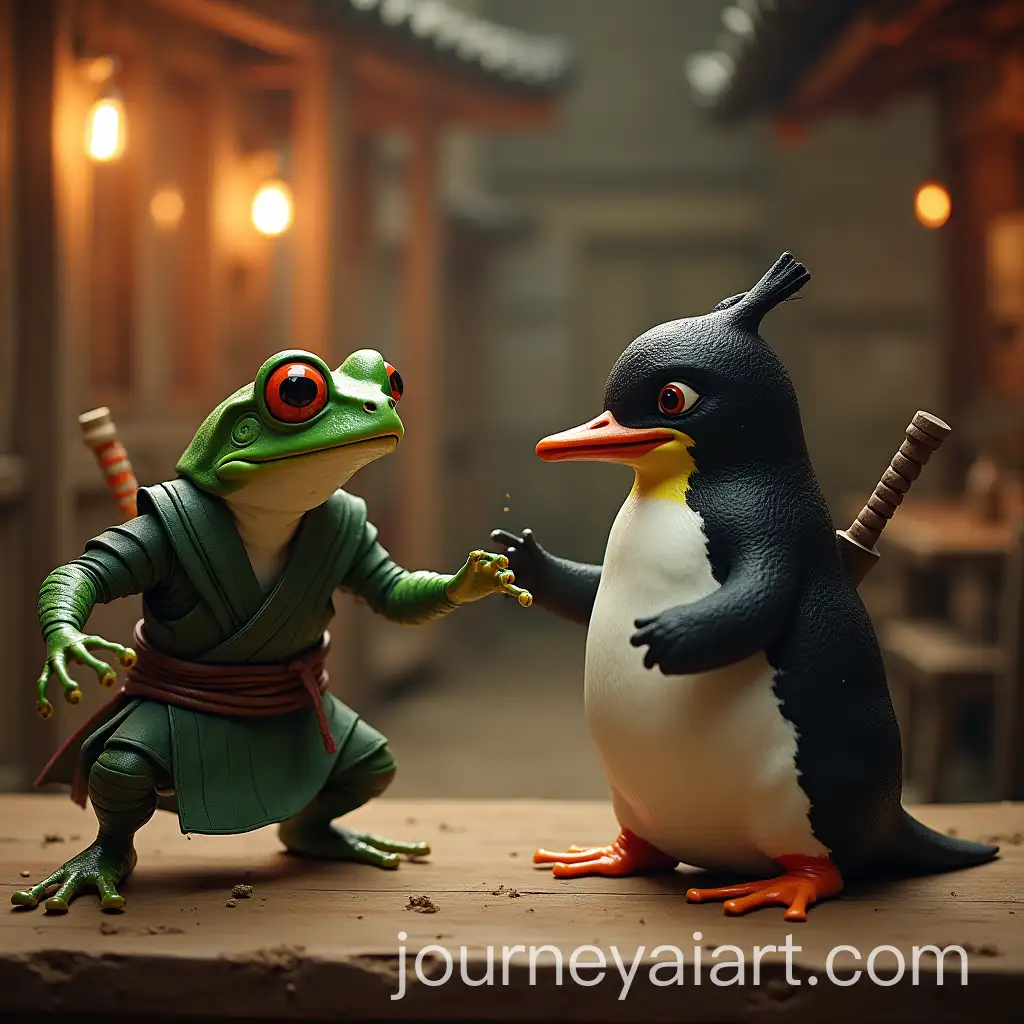 Ninja-Frog-vs-Penguin-Samurai-in-Western-Bar-Showdown