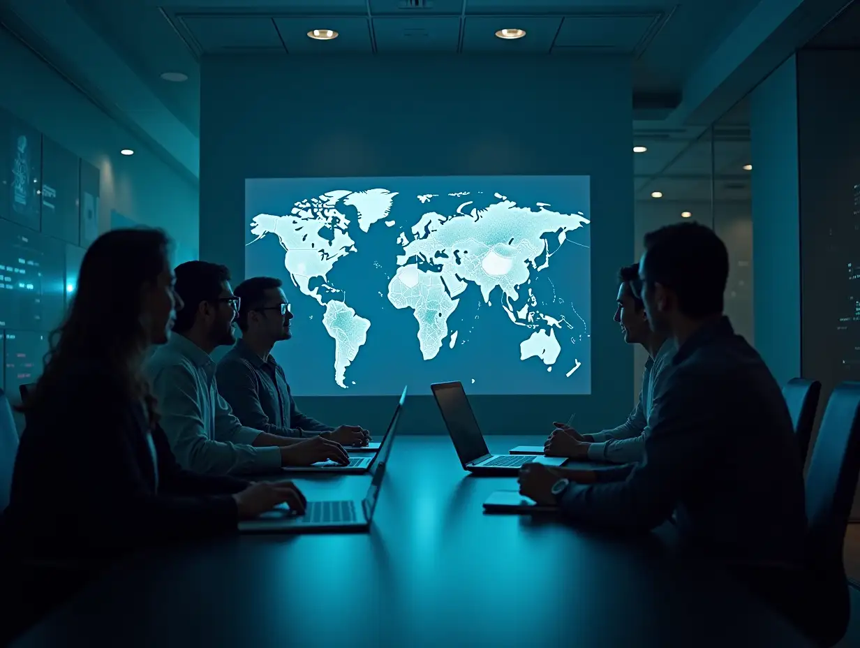 A dimly lit, professional setting with a subtle futuristic atmosphere. In the foreground, a group of diverse professionals is gathered around a conference table, actively discussing a digital screen displaying a global map. Highlighted regions on the map indicate localized restrictions and AI system deactivation areas. The room includes translucent holographic elements, such as faint glowing nodes and circuit lines, blending into the background. The overall tone is modern and serious, with shades of deep blue and muted metallic accents to create a professional and slightly darker ambiance. Ensure enough contrast for white text overlay, avoiding distracting elements while maintaining focus on the discussion and global context.