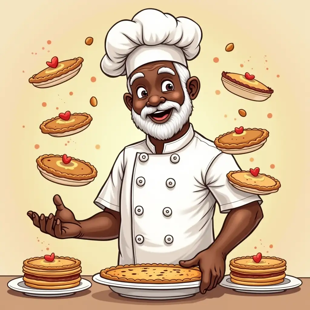 kind black african grandfather wearing chef clothes , pies and pancakes floating magically should be in full color, cartoon drawing, line art, kitchen background, Simplicity, to make it easy for young children to understand. The outlines of all the subjects are easy to distinguish, making it simple for kids.