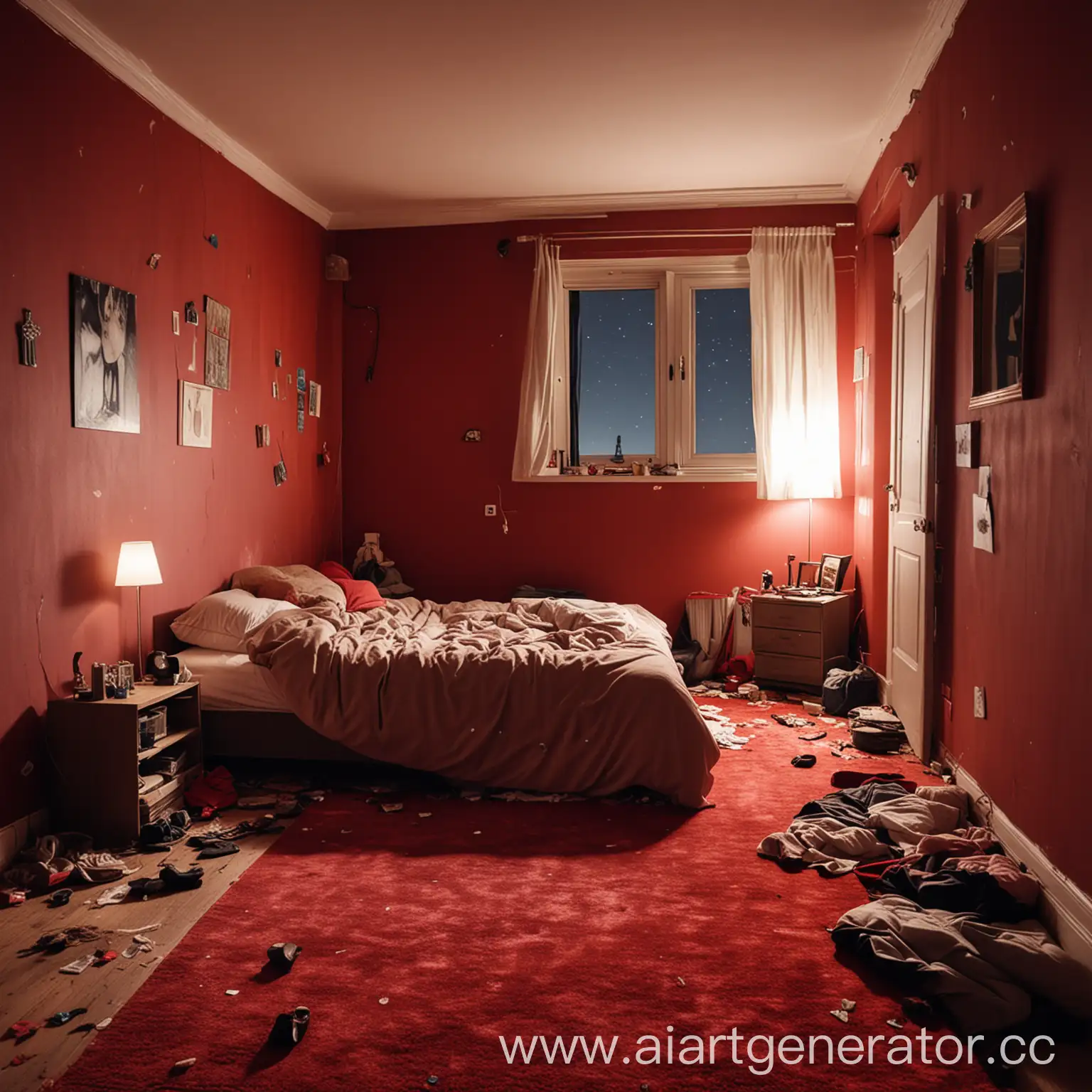 small and messy bedroom, with very little light, at night, red carpet floor, without furniture, without windows and with a small bed