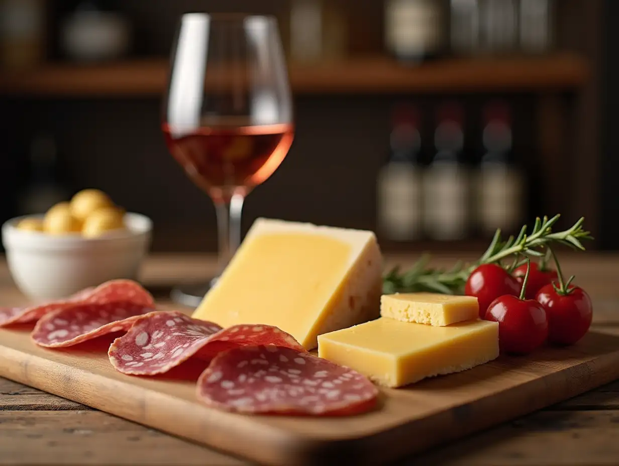 Image stillife with cheese board salami a glass of wine