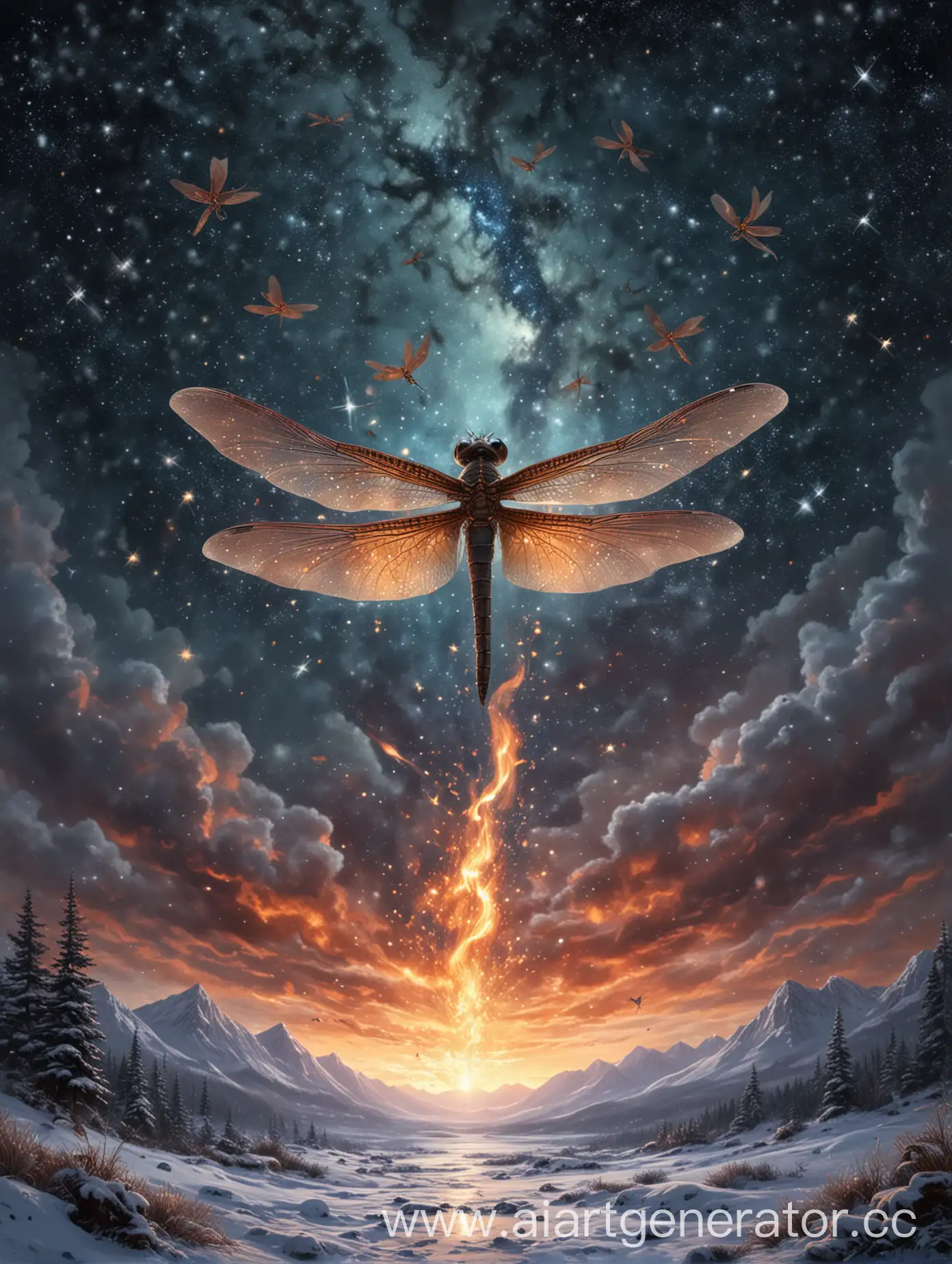 Majestic-Dragon-Soaring-Through-a-Starry-Sky-Breathing-Fire-in-a-Magical-Snowy-Landscape