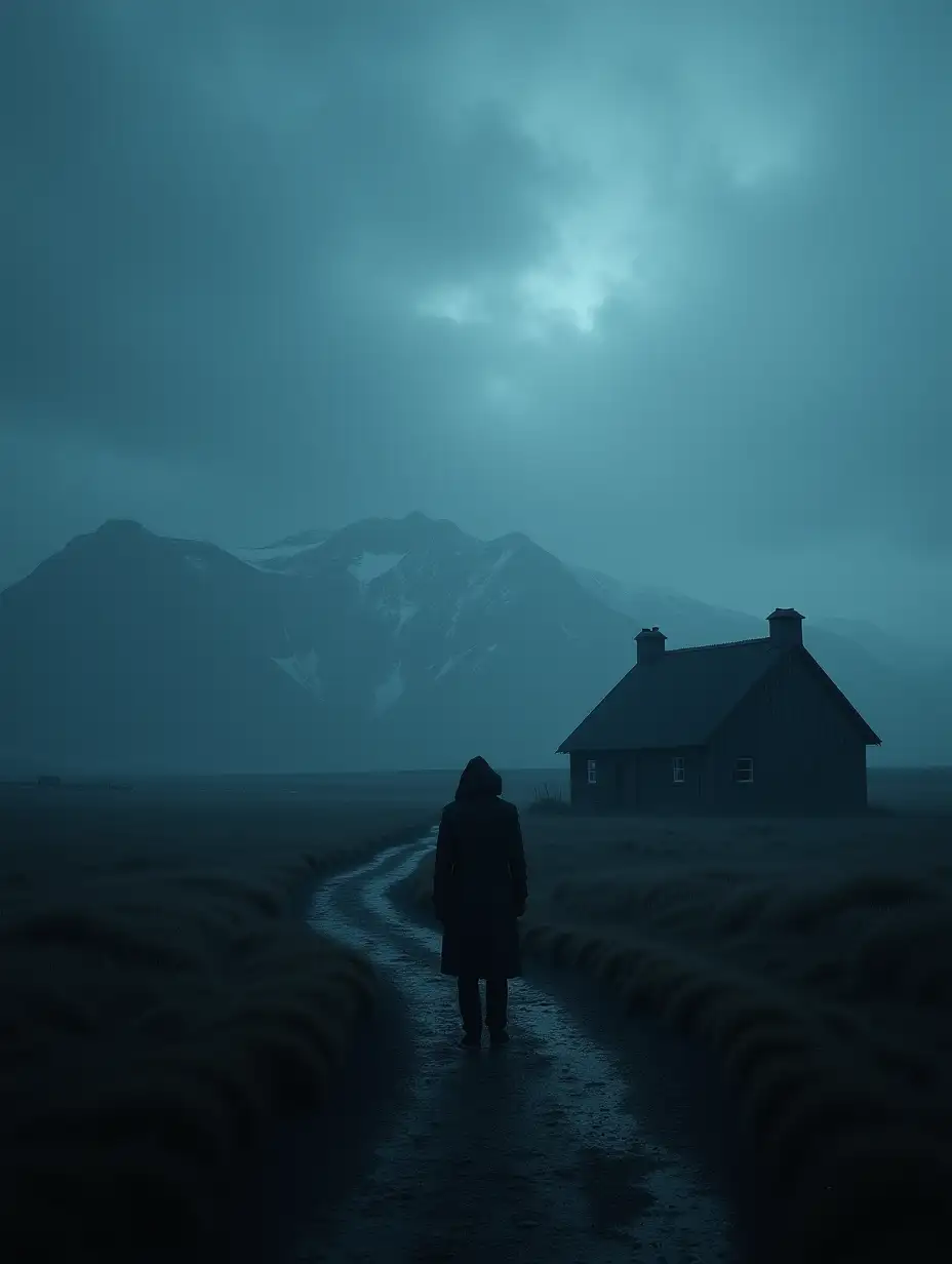 Mysterious Icelandic Crime Novel Cover Dramatic Landscape with Shadowy Figure