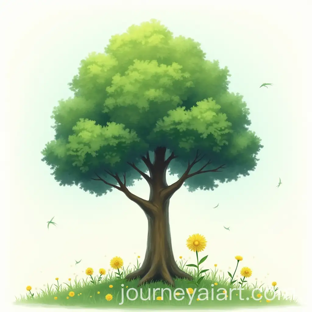 Lush-Green-Tree-on-a-White-Background-with-Dandelions-and-Blue-Sky