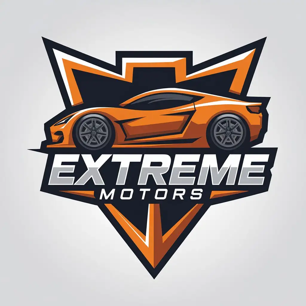 a vector logo design,with the text "Extreme Motors", main symbol:motor sport car,Minimalistic,be used in Automotive industry,clear background