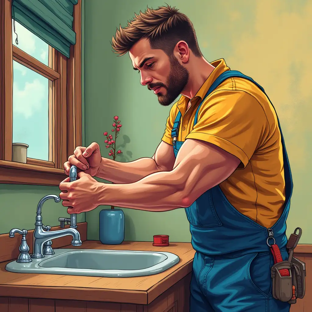 Handsome-Handyman-Fixing-Faucet-with-Colorful-Detail