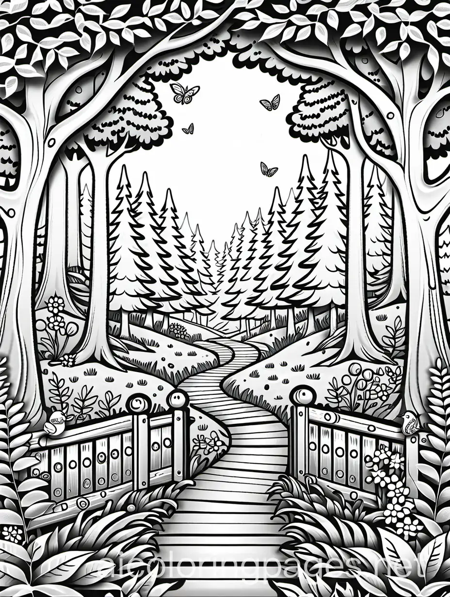 A scene with a large sign that reads Welcome to the Magical Forest surrounded by trees, flowers, and happy animals., Coloring Page, black and white, line art, white background, Simplicity, Ample White Space. The background of the coloring page is plain white to make it easy for young children to color within the lines. The outlines of all the subjects are easy to distinguish, making it simple for kids to color without too much difficulty