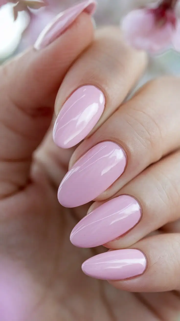 CloseUp-of-Glossy-Baby-Pink-Manicure-with-Cherry-Blossom-Background