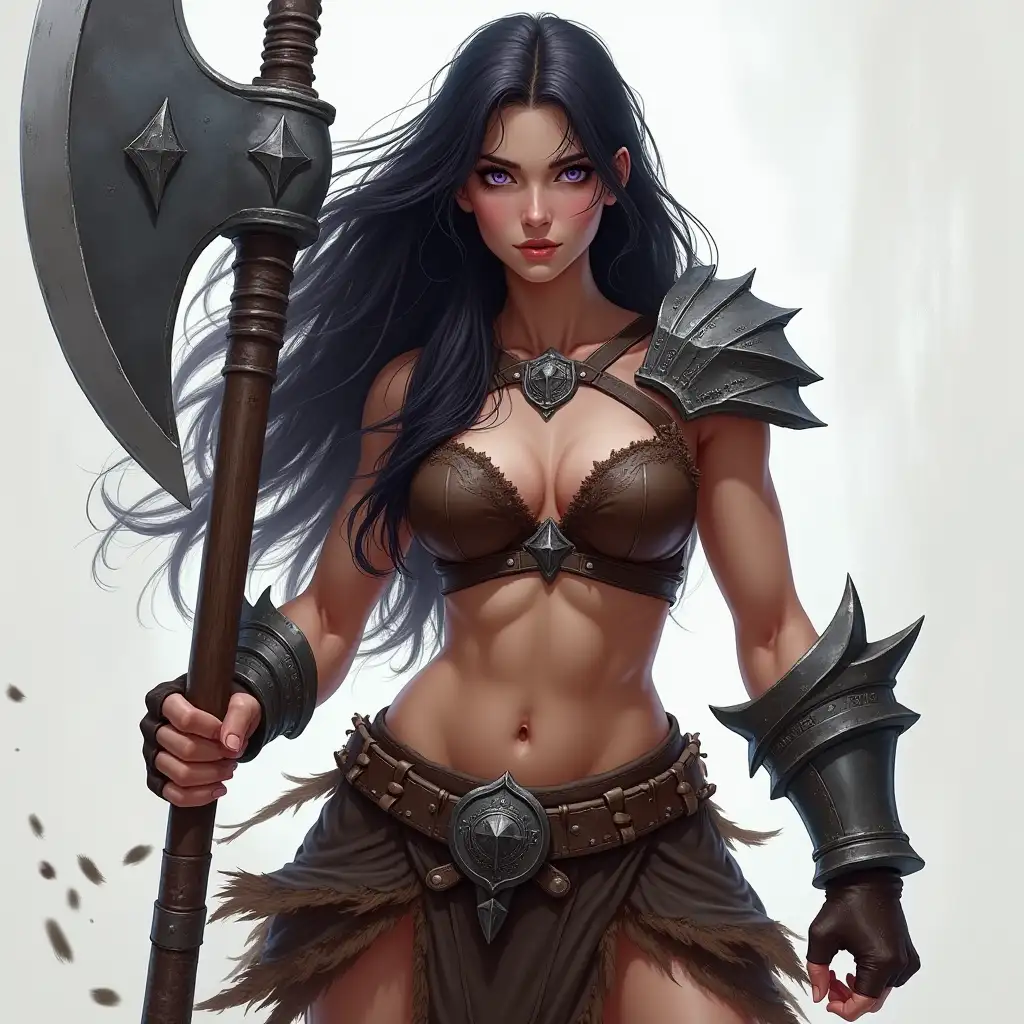 Large barbarian woman, with flowing dark hair, slenderly muscled, wearing leather armor, purple eyes, holding a massive battle axe