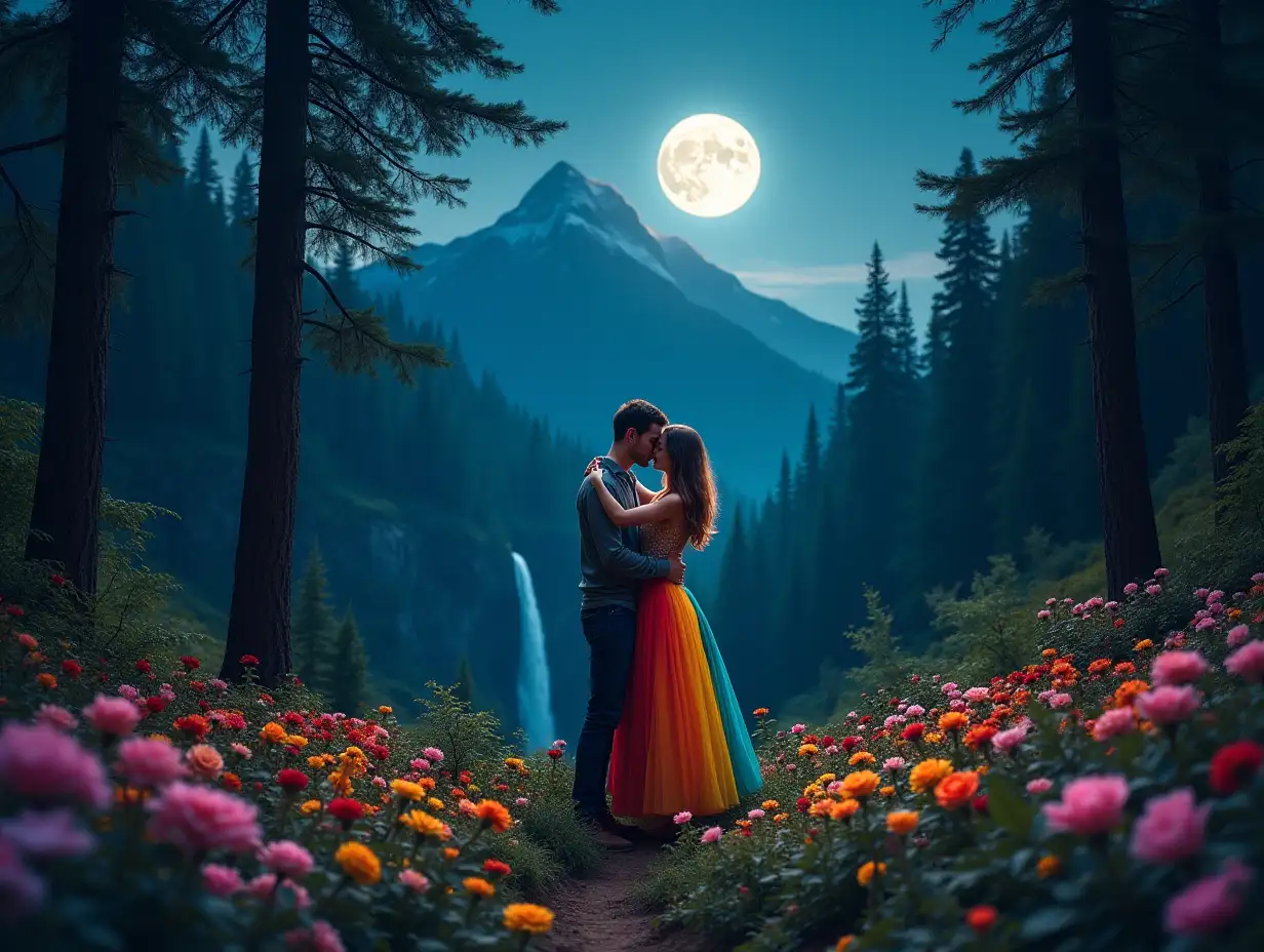 Couple in deep love hugging in forest in night. Bright Moon in sky. forest full of colourful flowers & roses. Mountain with water fall. Girl dressed in rainbow dress, man in casual.