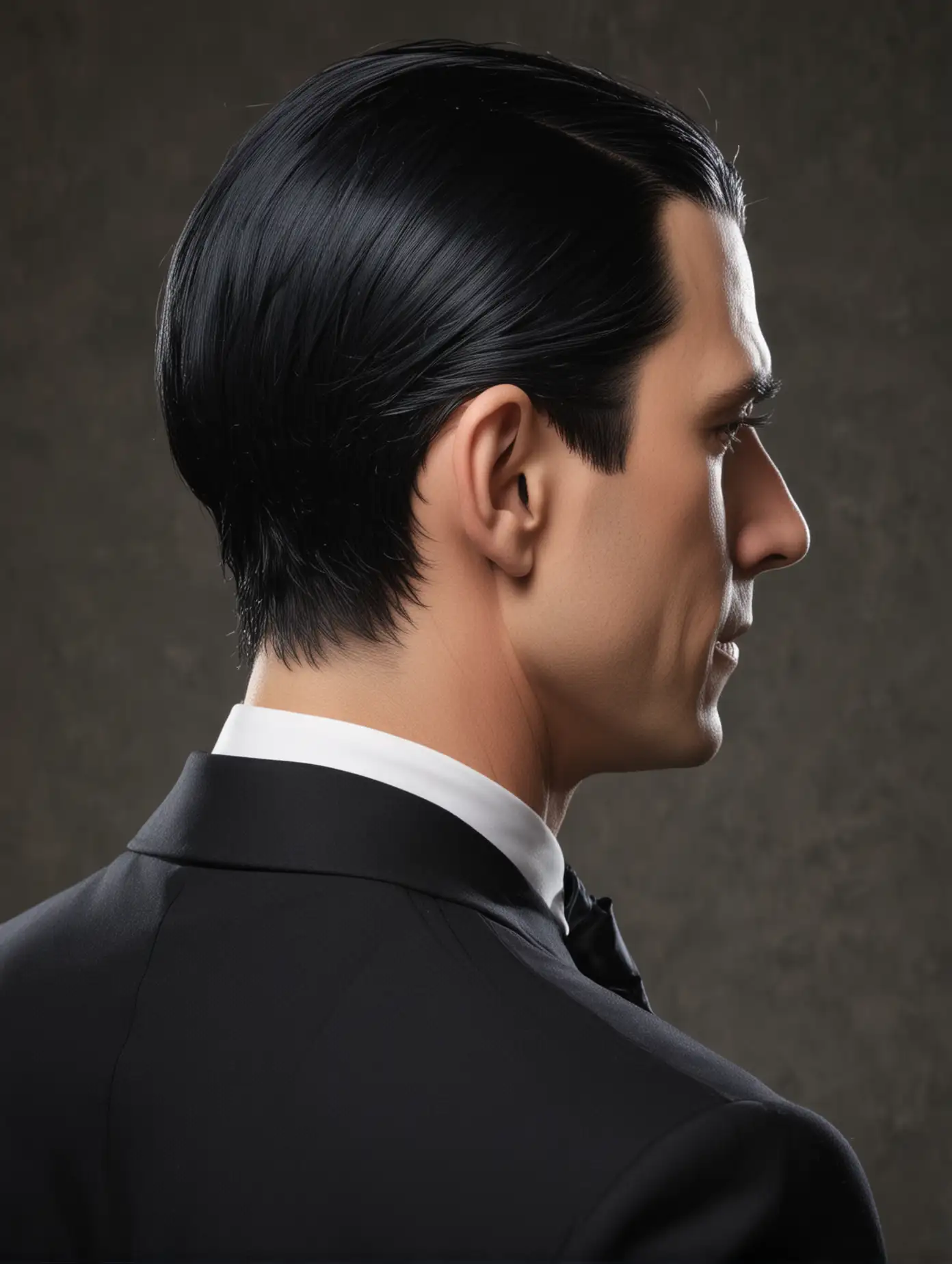 1920s Style Man with Slicked Back Hair in Black Butlers Suit