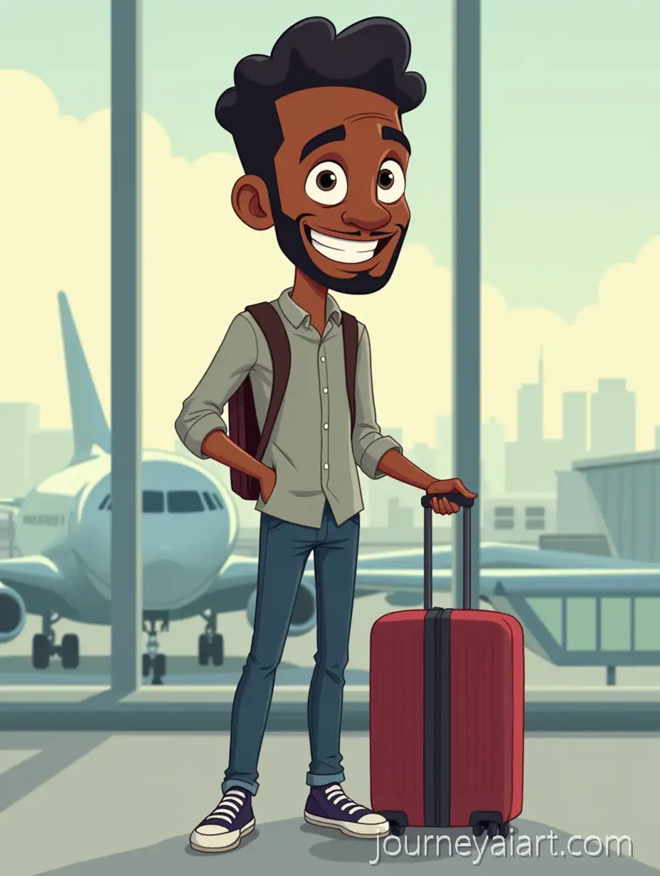Cartoon-Black-Man-with-Funny-Expression-Holding-Suitcase-at-Busy-Airport