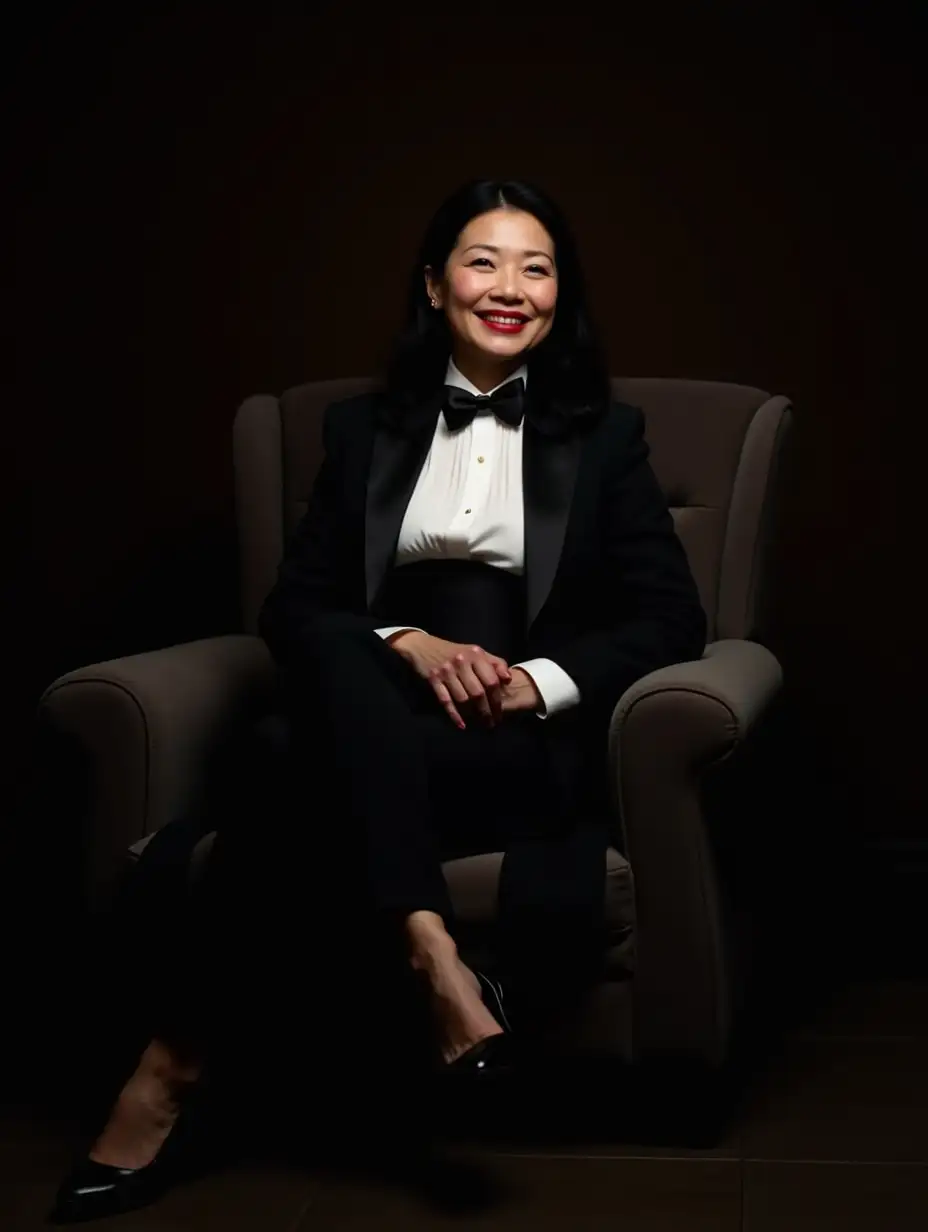 Elegant-60YearOld-Chinese-Woman-in-Formal-Tuxedo-Smiling-in-Dark-Room