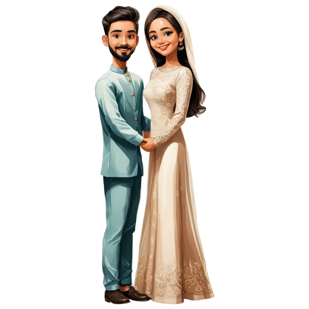 Muslim-Wedding-Caricature-Bride-in-IndoWestern-Attire-and-Groom-in-Gown-PNG