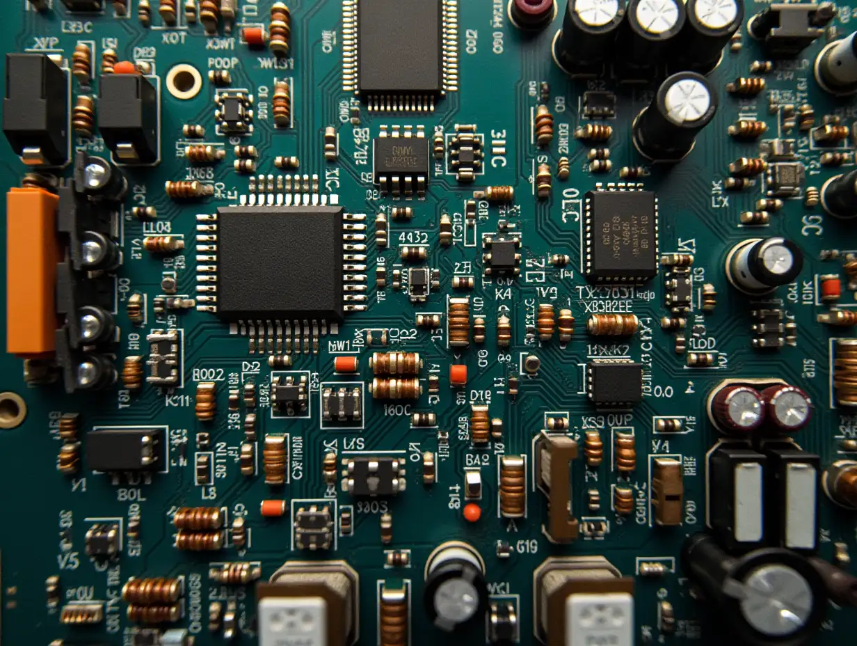 printed circuit board bird eye perspective. lots of IC, LED, coils, resistors, capacitors, in weird constellation.