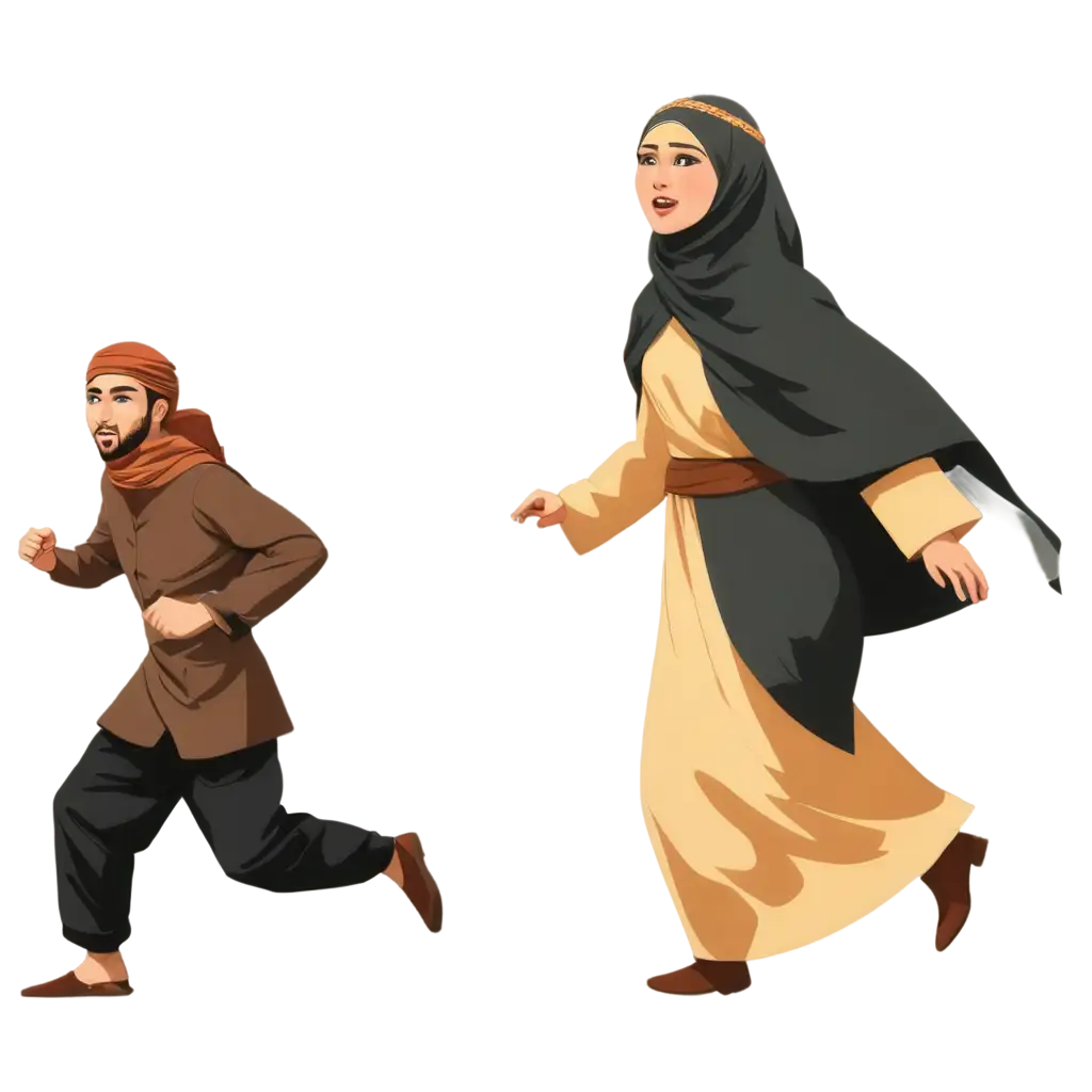 PNG-Image-of-a-Cartoon-Young-Man-Chasing-a-Rich-Woman-in-Hijab-HighQuality-Digital-Art