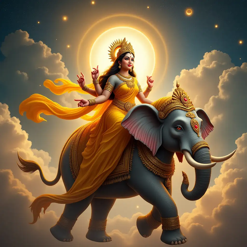 A breathtaking celestial scene featuring Goddess Lakshmi, adorned in a radiant golden saree with intricate jewelry, gracefully seated on a beautifully decorated flying elephant...