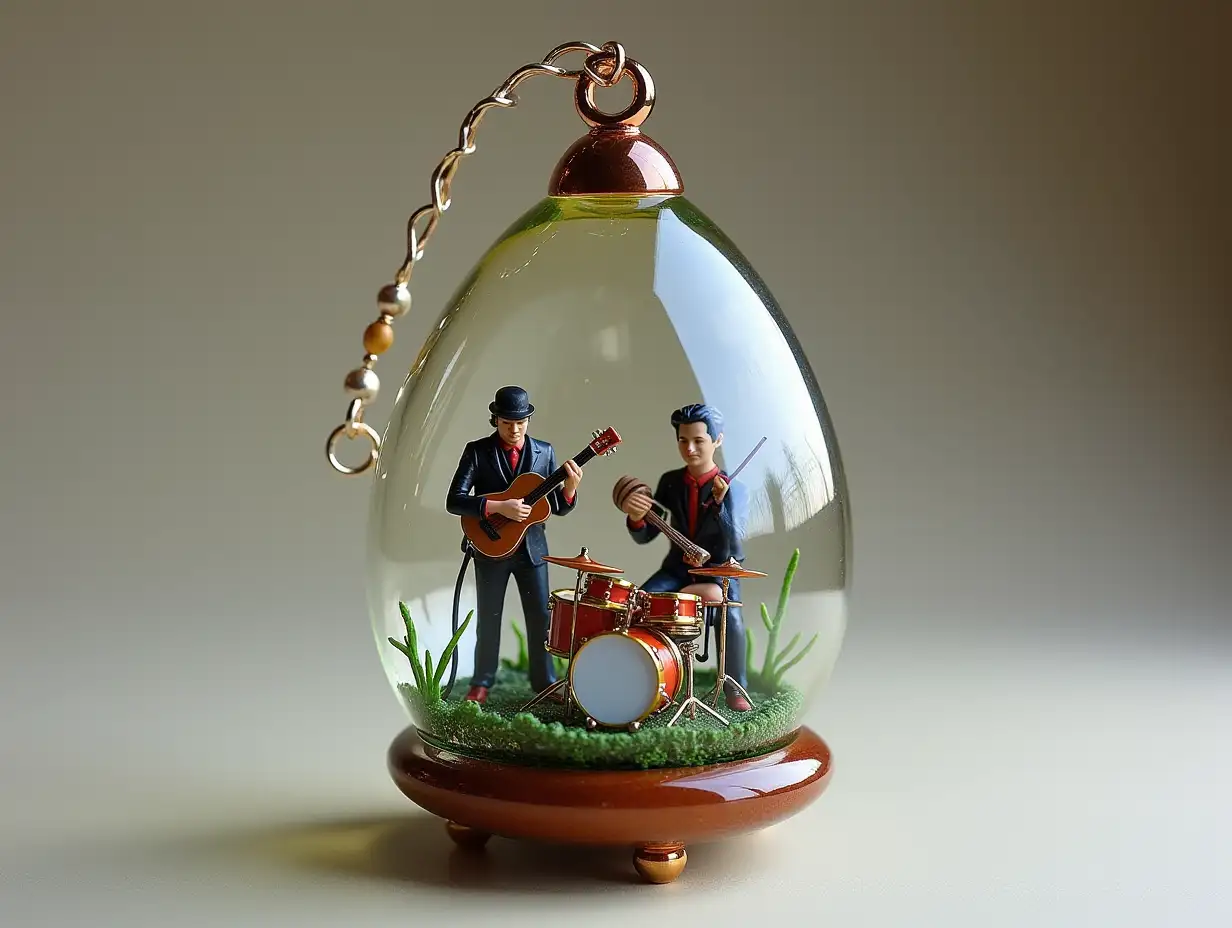 Create a glass egg pendant with a music band inside that plays a violin, drum set, guitar and flute