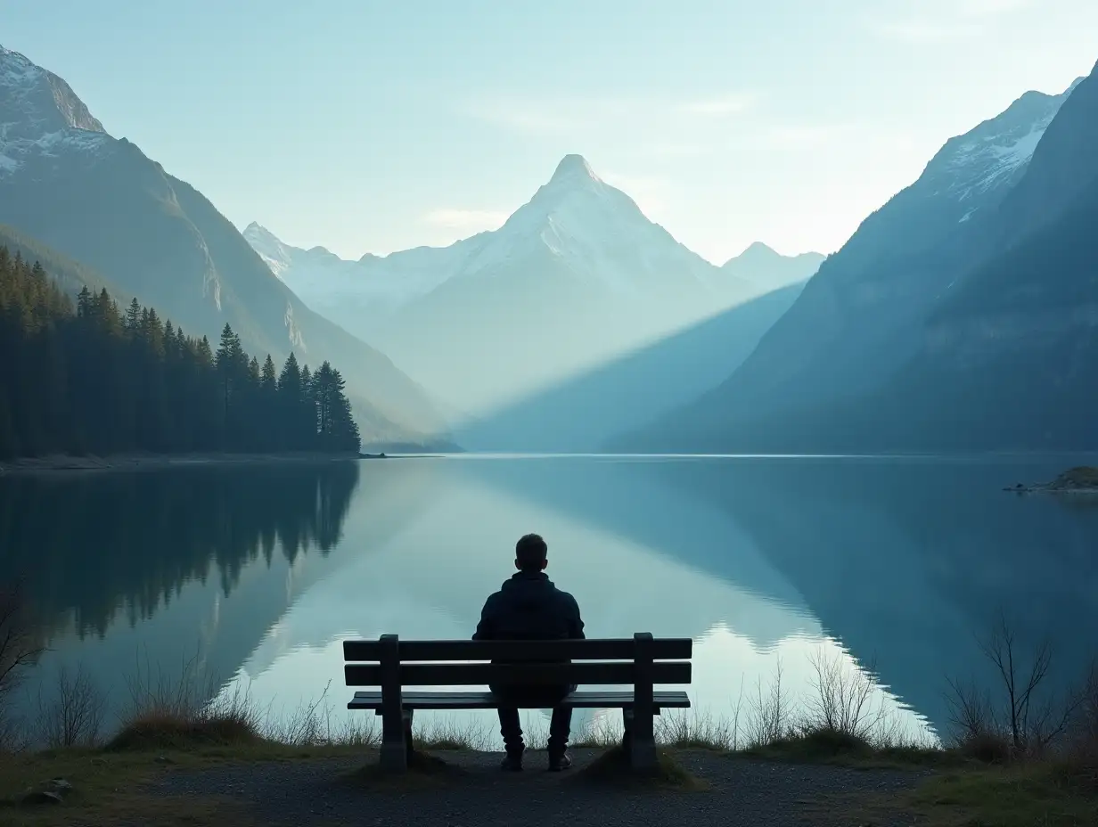 Create a person sitting in a bench in silhouette infront of it a clear water so still that the mountain reflects in the water