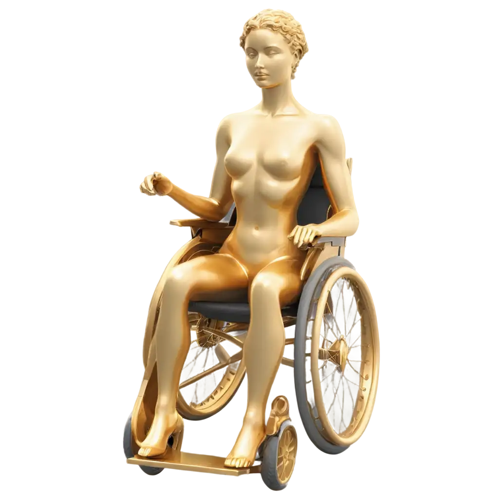 Golden-3D-Render-of-a-Statue-Sitting-on-a-Wheelchair-HighQuality-PNG-Image