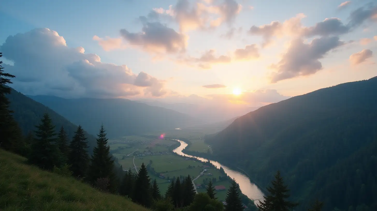 Scenic Valley with Flowing River and Beautiful Sky