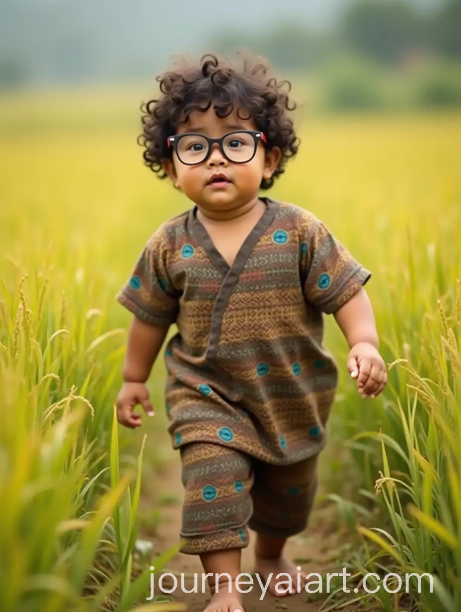 Chubby-Chinese-Kid-in-Batik-Clothing-Walking-Through-Rice-Fields