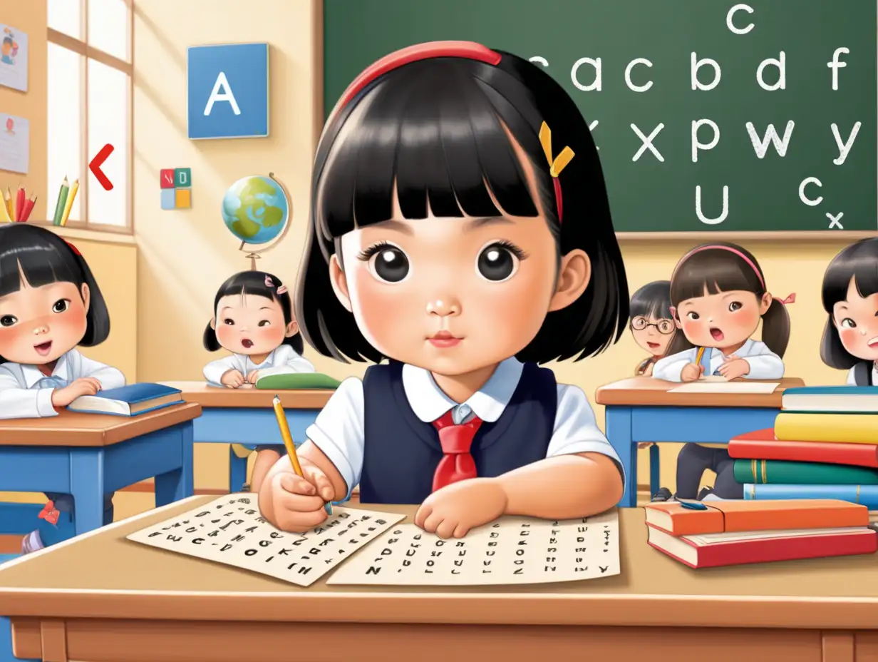 Asian Little Girl Teaching Alphabet Letters with Joyful Expression