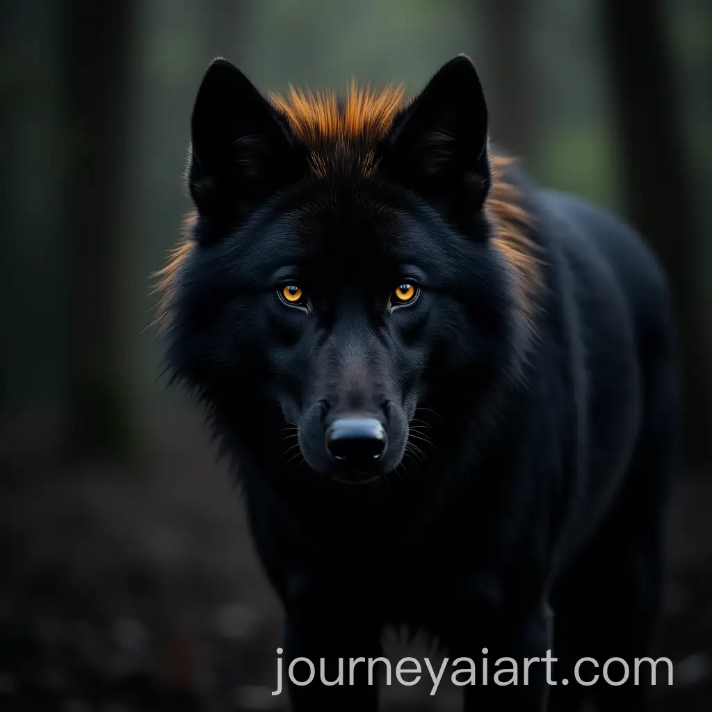 Black-Wolf-with-Golden-Hair-Tips-in-a-Dark-Forest
