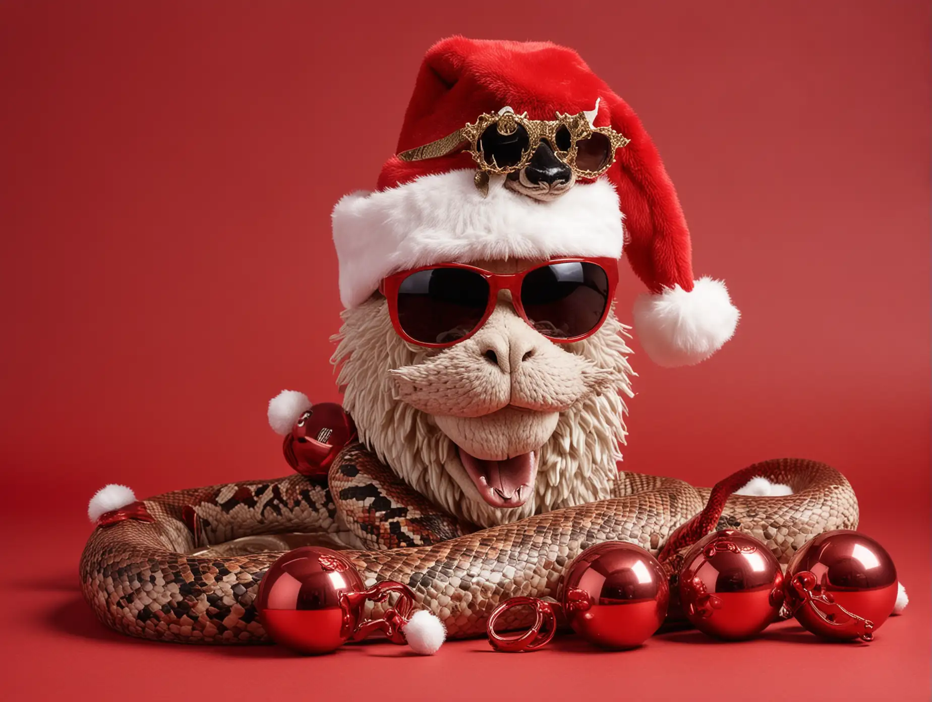 Cool-Glamour-Snake-Cobra-with-Sunglasses-and-Santa-Claus-Hat-Isolated-on-Red-with-Christmas-Tree-Toys