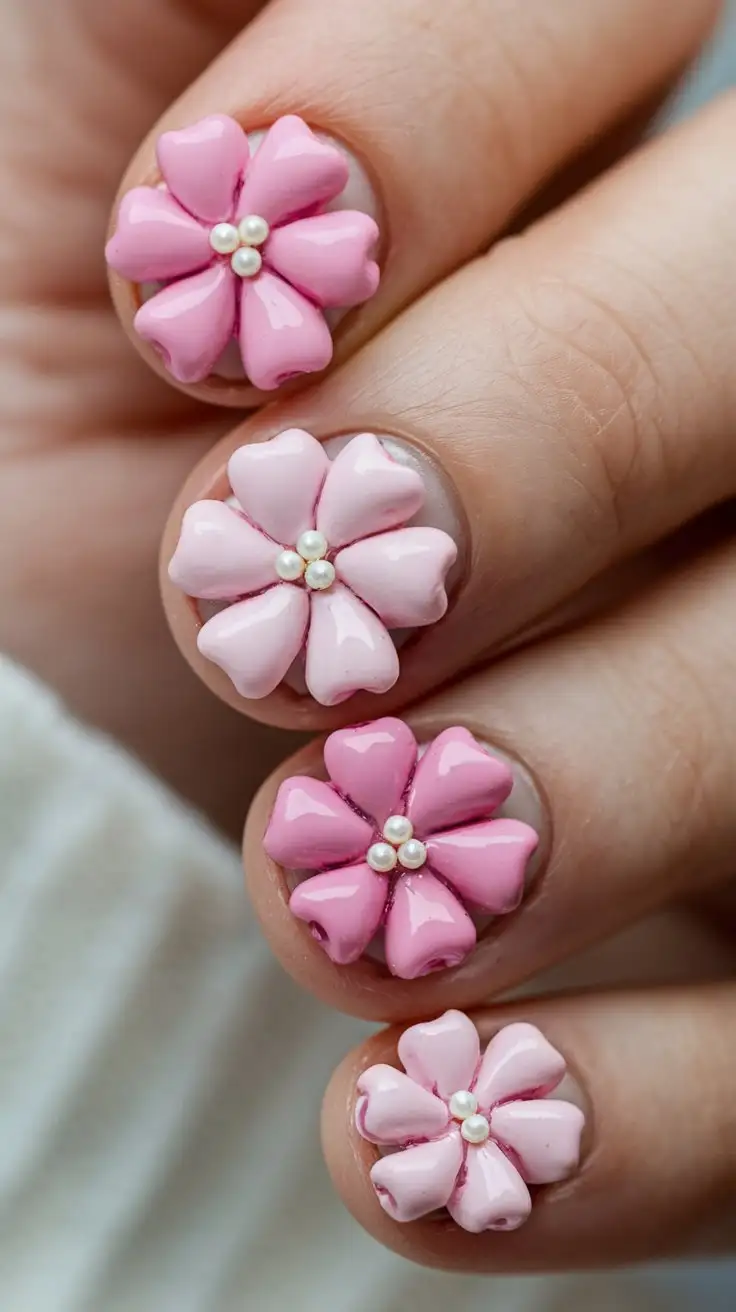 Extreme close-up of 3D pink flower nail art on a hand with acrylic nails. Each nail features meticulously crafted 3D flowers in various shades of pink, using acrylic or gel, with tiny pearl or crystal centers. Focus on the texture and depth of the 3D flowers, and the intricate details of petals and centers. Background is extremely blurred, focusing entirely on the nail art.