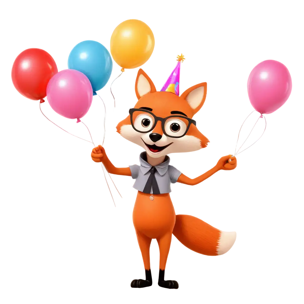 A cool smiling cartoon fox wearing horn-rimmed glasses, holding several birthday balloons and blowing a party popper. Behind it there should be a sign with the number 40 in the shape of a balloon.