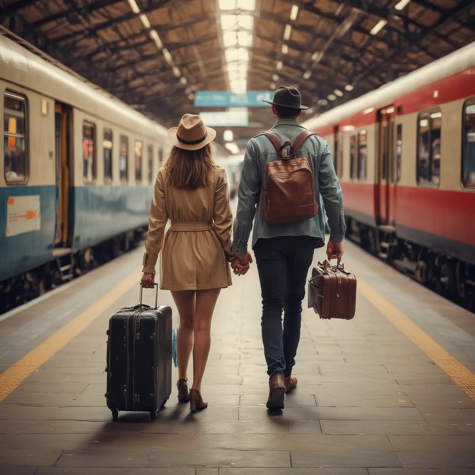 Couple-Traveling-with-Suitcases-at-Lively-Train-Station