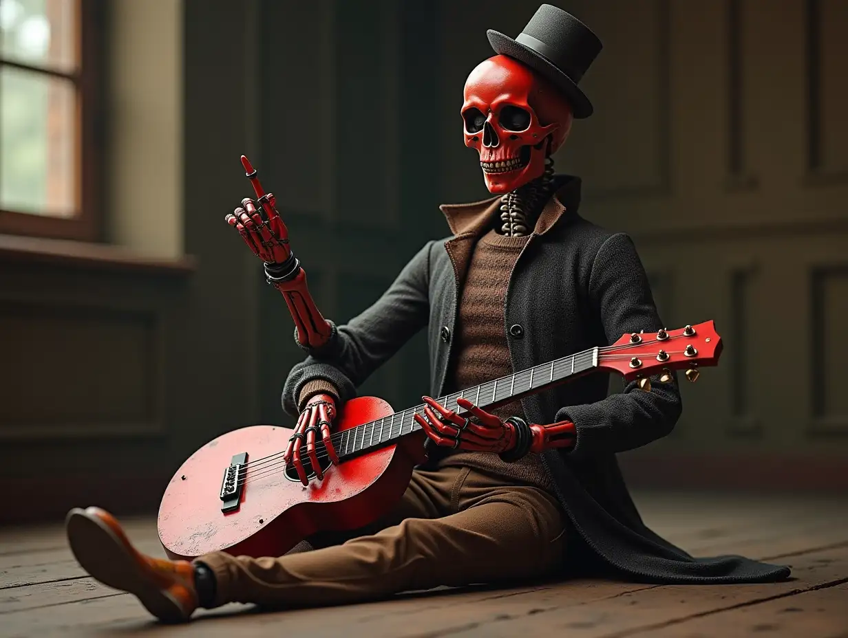 Create a high-resolution, realistic image of a robot with a skeleton body, red porcelain hands and head, a sweater, a Steampunk top hat, and a guitar on the floor in 4K resolution (Steampunk 8K quality)