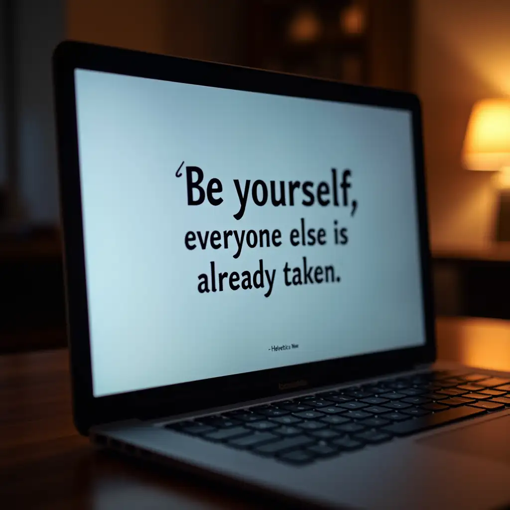 A side view of a modern laptop with the screen displaying the inspirational quote 'Be yourself; everyone else is already taken' in clear, readable text using the font 'Helvetica Neue'. The laptop is placed on a wooden desk with soft ambient lighting around, emphasizing the screen. The background is softly blurred, focusing on the laptop and the words on the screen. The laptop should have a sleek, minimalistic design with no logos visible, and the text should appear as if typed on a word processing program. The overall mood should be motivational and calm.